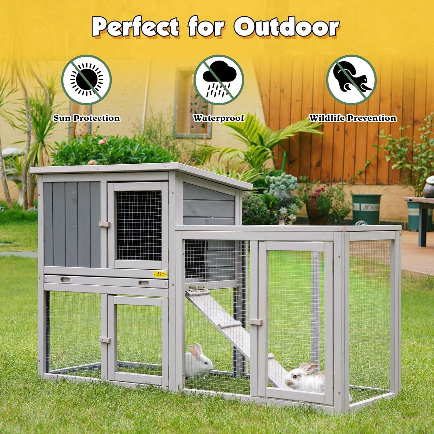 Assembled Wooden Indoor & Outdoor Rabbit Hutch, 2 Story Small Animal House Habitat, Durable Pet Bunny House Cage with Cleaning Tray, for Bunny Chick Duck Hamster (Grey)