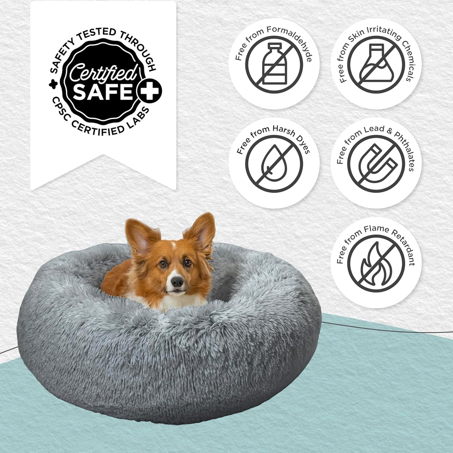 Best Friends by Sheri Original Calming Donut Dog and Cat Bed, Shag Faux Fur, Gray, (30in x 30in) - Anxiety Relief for Pets Up to 45 lbs