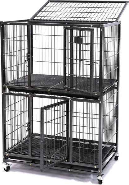 Homey Pet 31 Inch Stackable Heavy Duty Dog Crate Cage Kennel with Four Lockable Wheels, Removable Tray, Escape Proof Wire Drop Dog Crates for Small Dogs (Two Tiers)