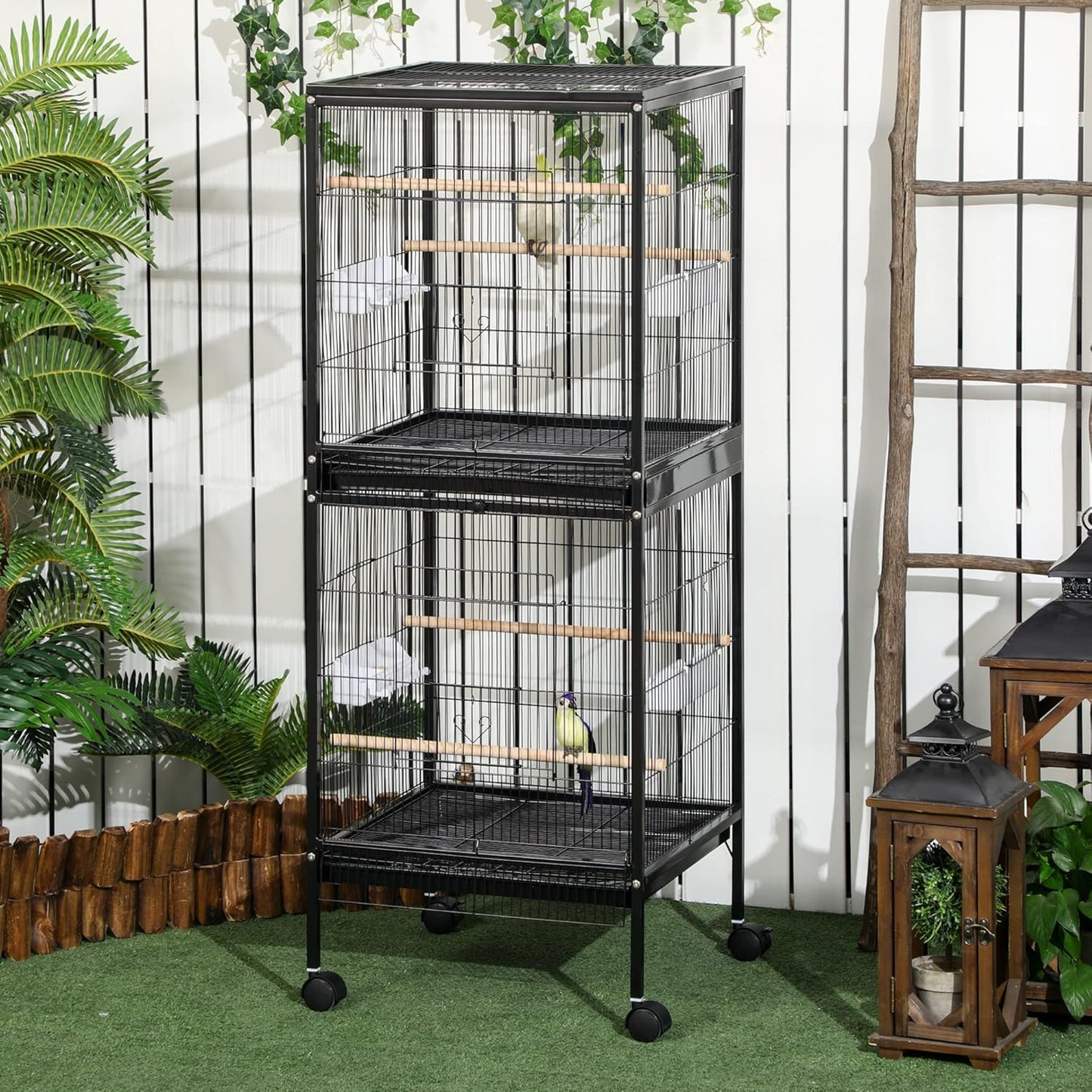 PawHut Large Bird Cage with 1.7 ft. Width for Wingspan, Bird Aviary Indoor with Multi - Door Design, Fit for a Canary, Finch, Conure, 55", Black